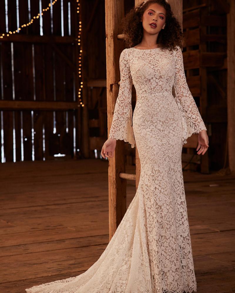 Lp2236 modest long sleeve boho wedding dress with high lace neckline3